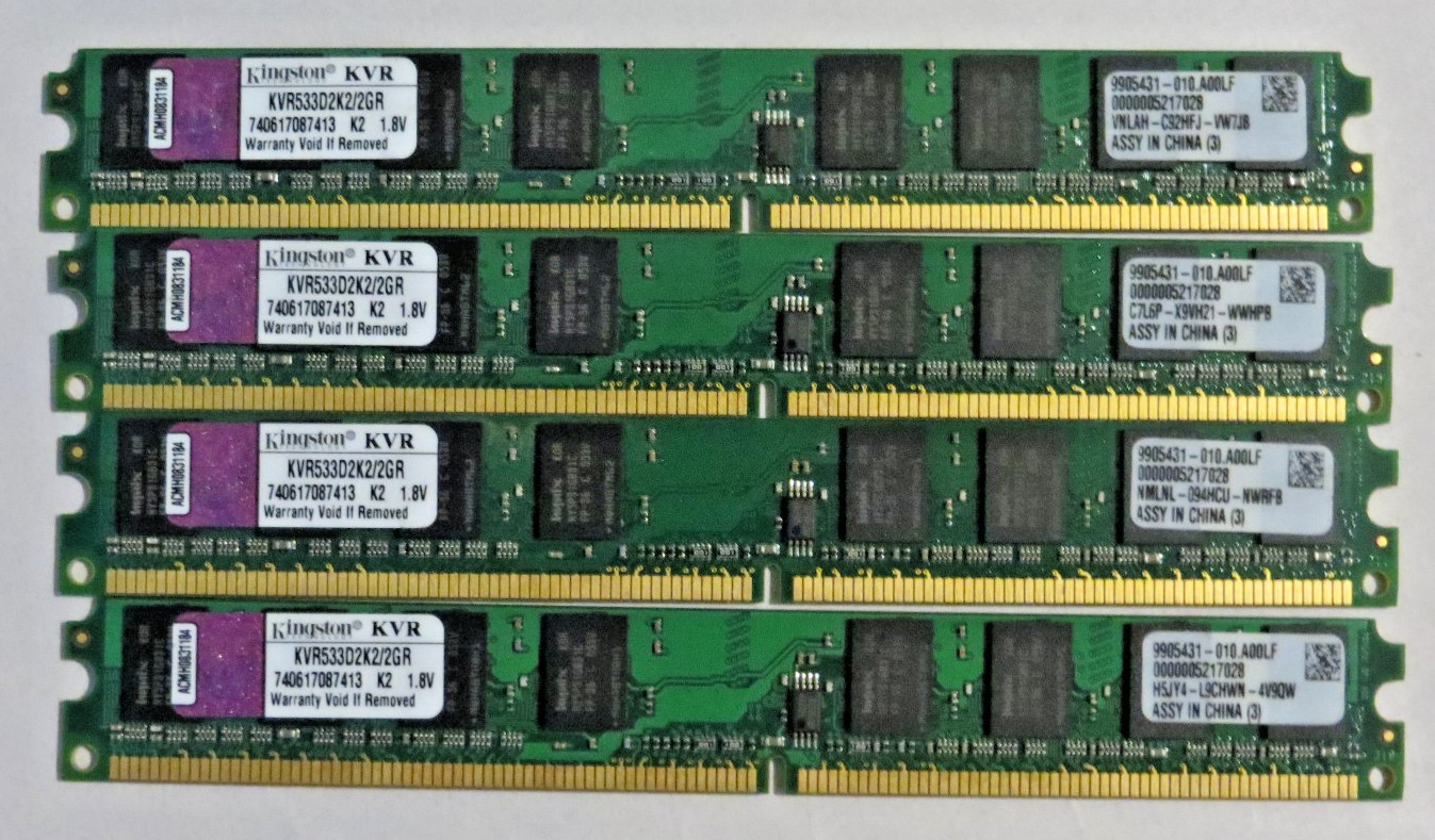 4GB Kit 4x1GB DDR2 533 PC2-4200U Low Profile LP Kingston KVR533D2K2-2GR RAM Set
