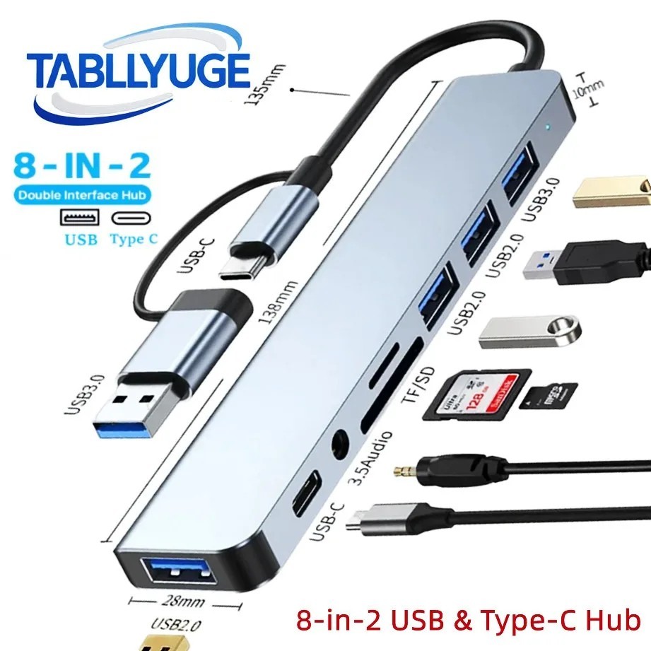 8 in 2Port USB-C Hub Adapter - 5G Speed Multi Splitter for PC, Laptop & MacBook