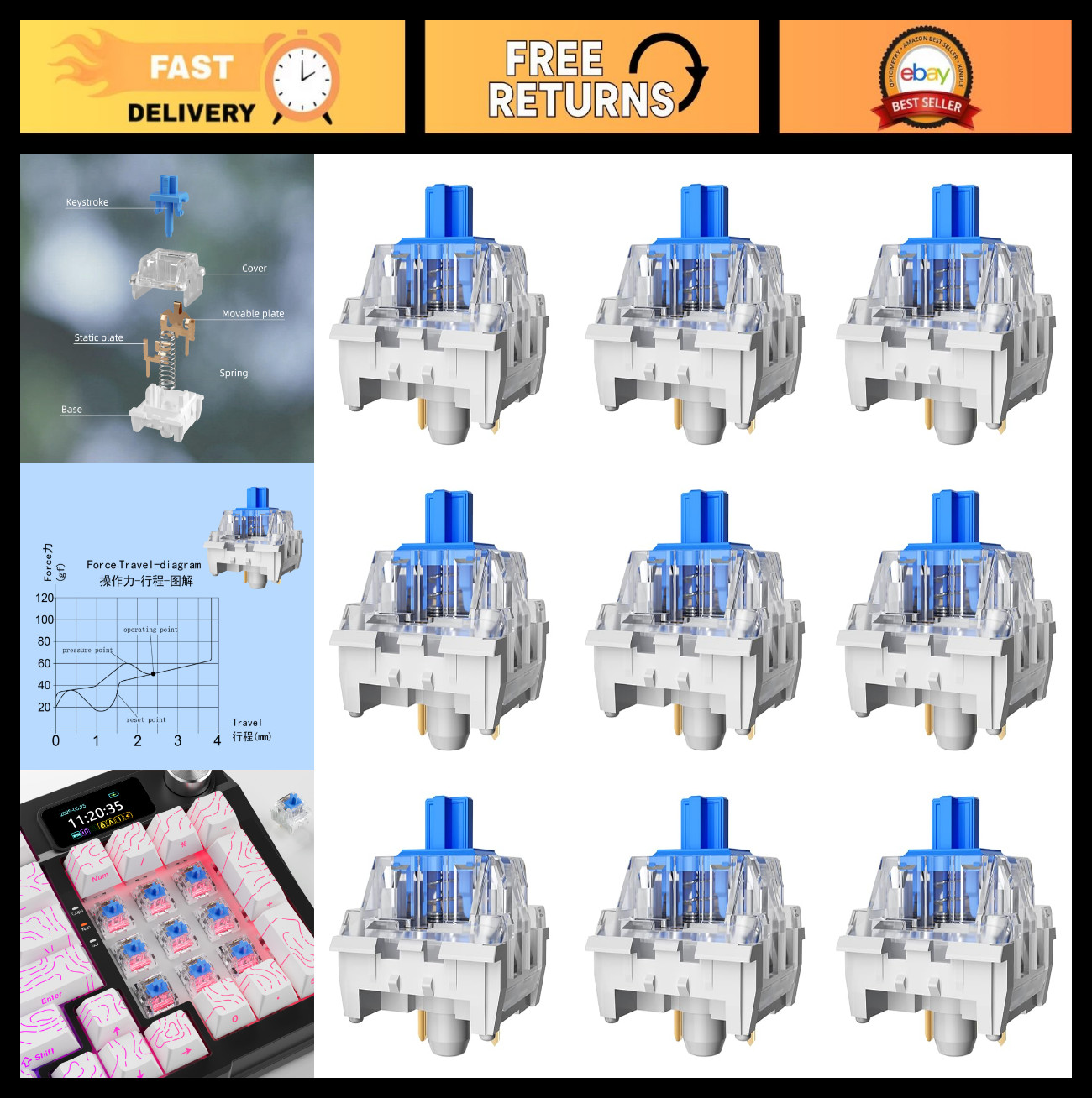 90PCS Blue Mechanical Keyboard Switches, 3 Pin Dustproof Clicky Switches for Gam