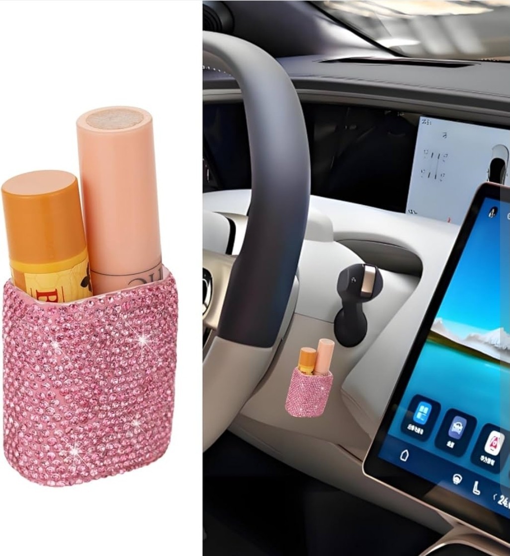 Bling Car Lip Balm Holder, Self-adhesive, Pink Crystal Rhinestone Auto