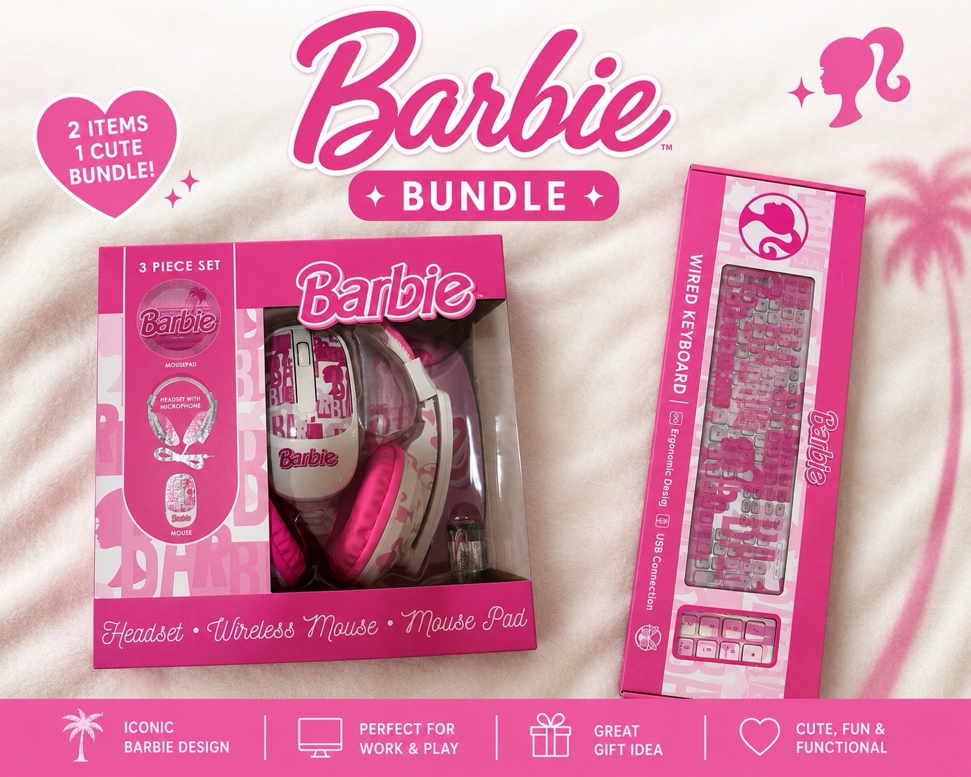Barbie Pink Tech Bundle USB Wired Keyboard, Wireless Mouse Pad Headset 1000 DPI