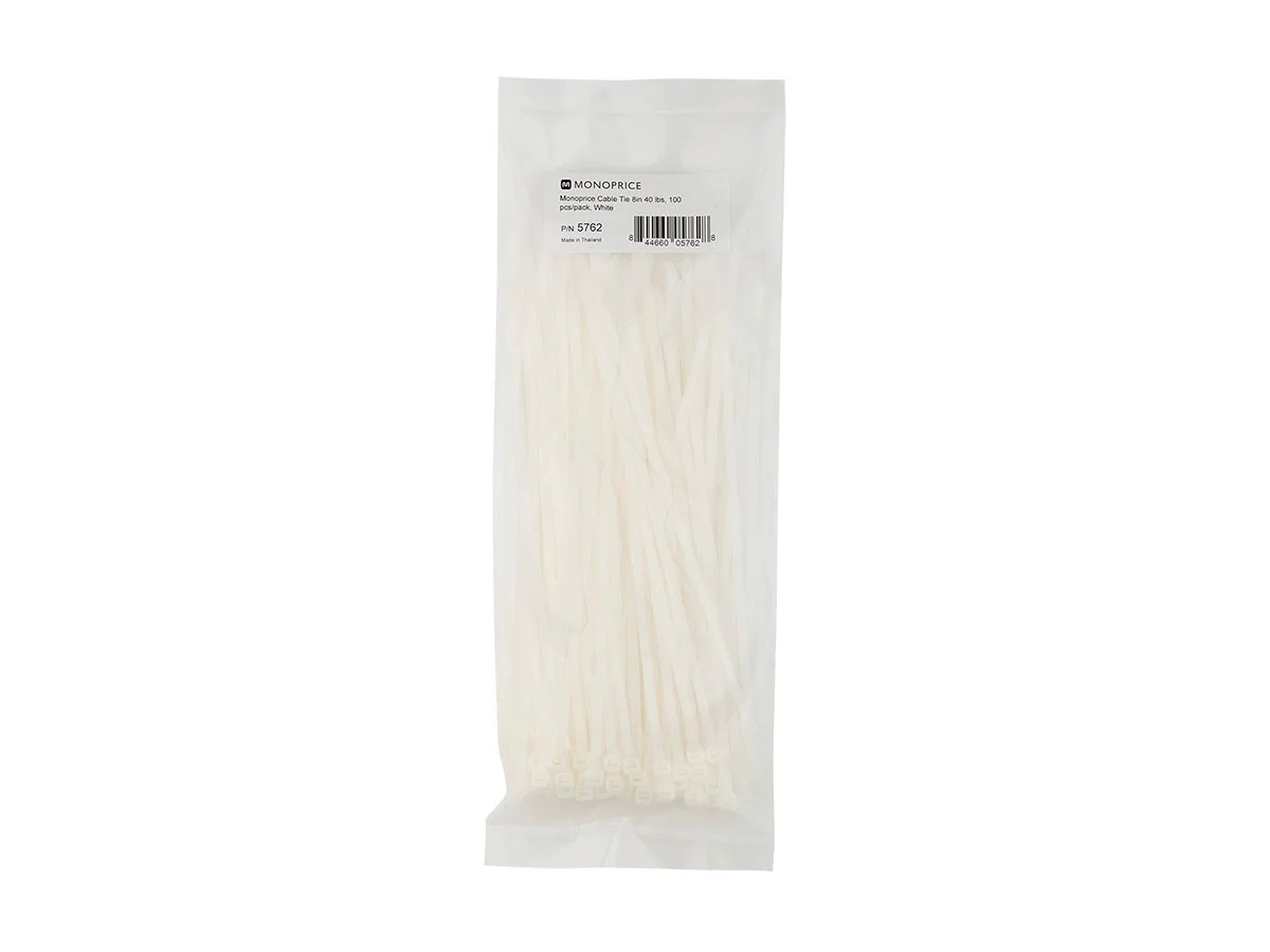 Monoprice Cable Tie 8in 40 lbs, 100 pcs/pack, White