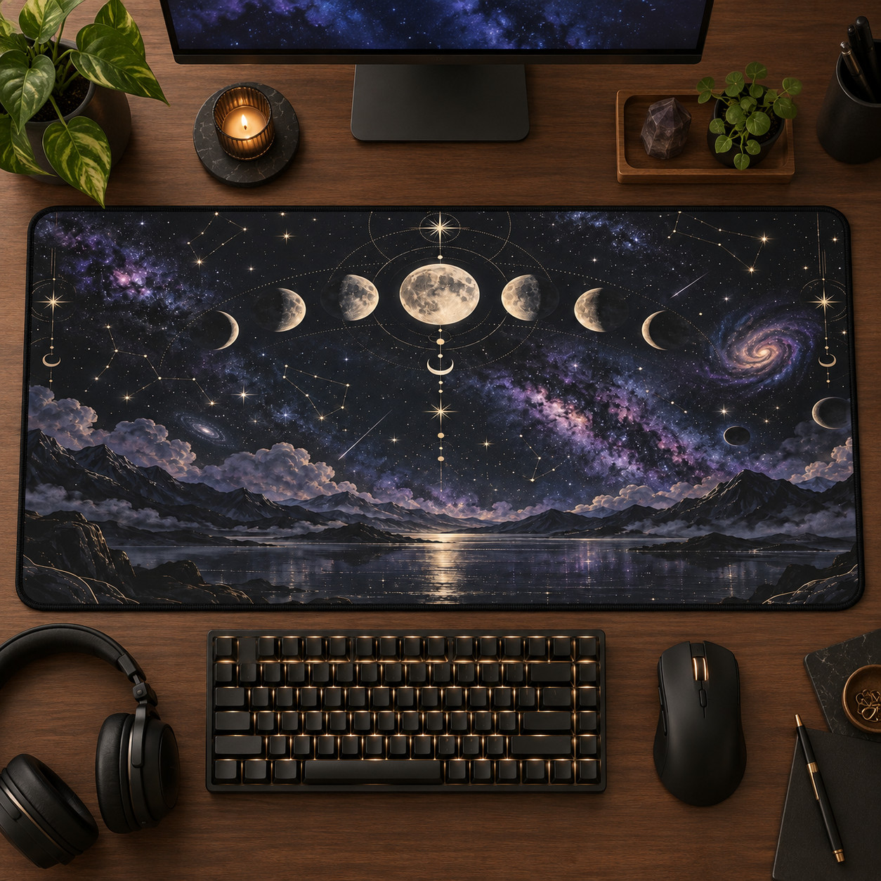 Celestial Moon Phase Desk Mat, Galaxy Mouse Pad, Mystical Space Decor