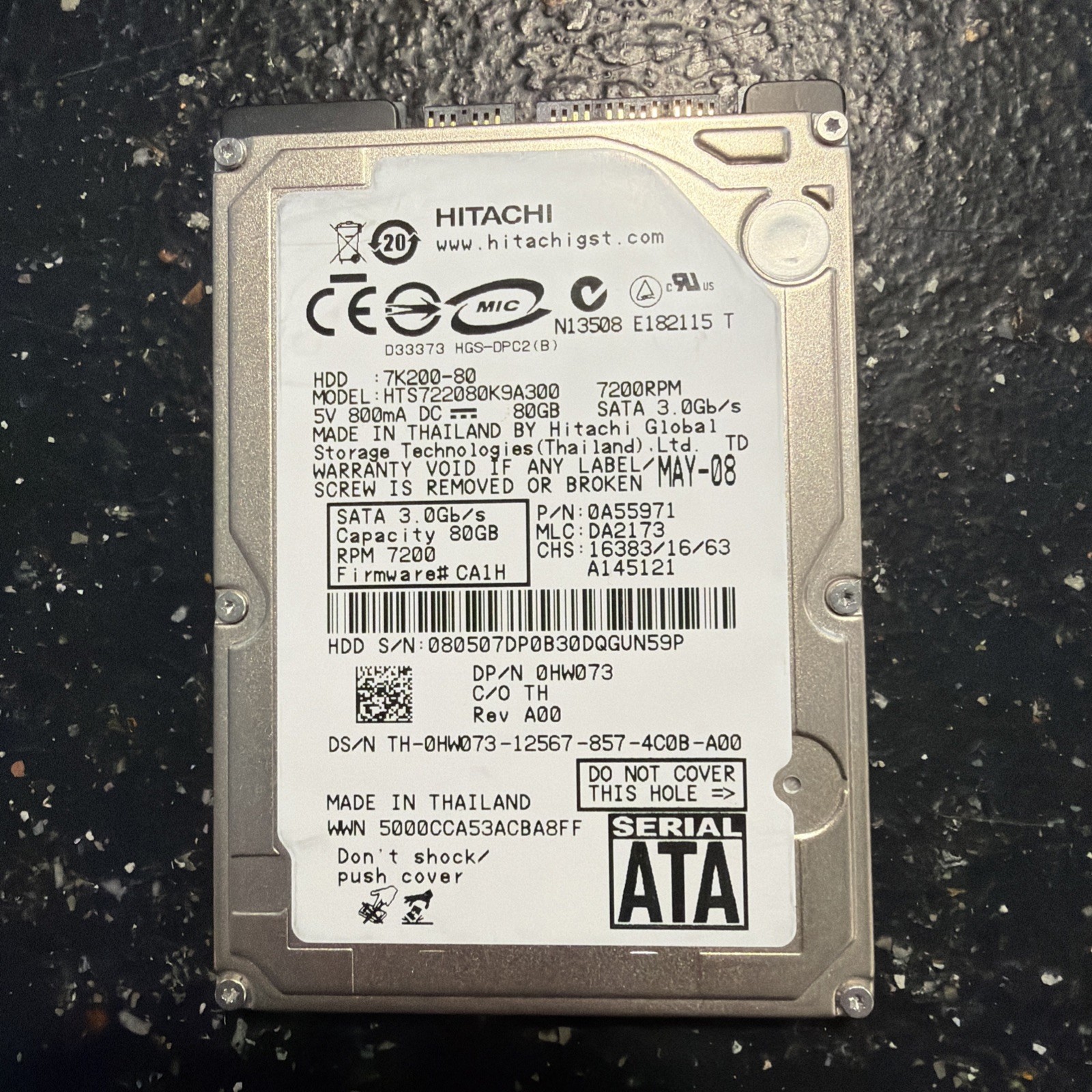 HITACHI HTS722080K9A300 80GB 2.5" SATA 7200 16MB CACHE HARD DRIVE Working