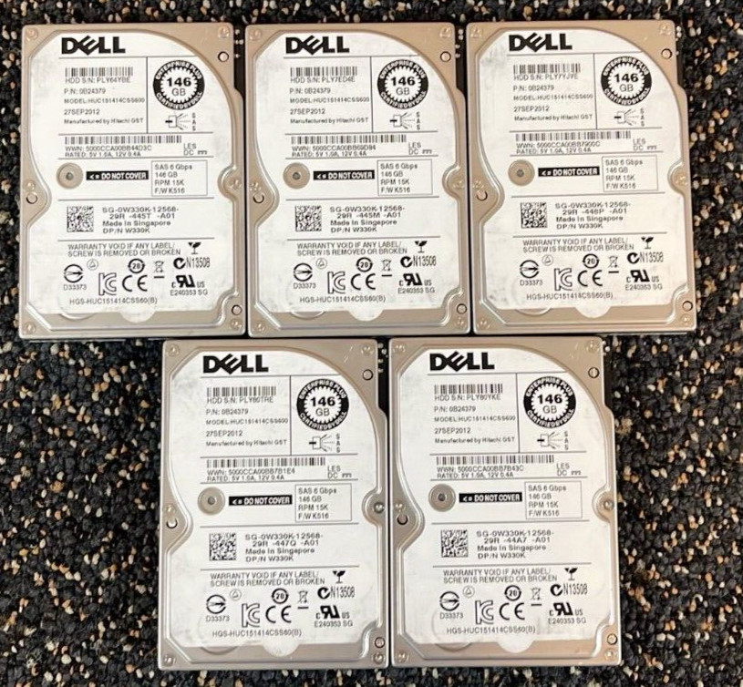 Dell W330K (LOT OF 5) 146GB 2.5" SAS 15K 6Gb/s - 0B24379 - HUC151414CSS600