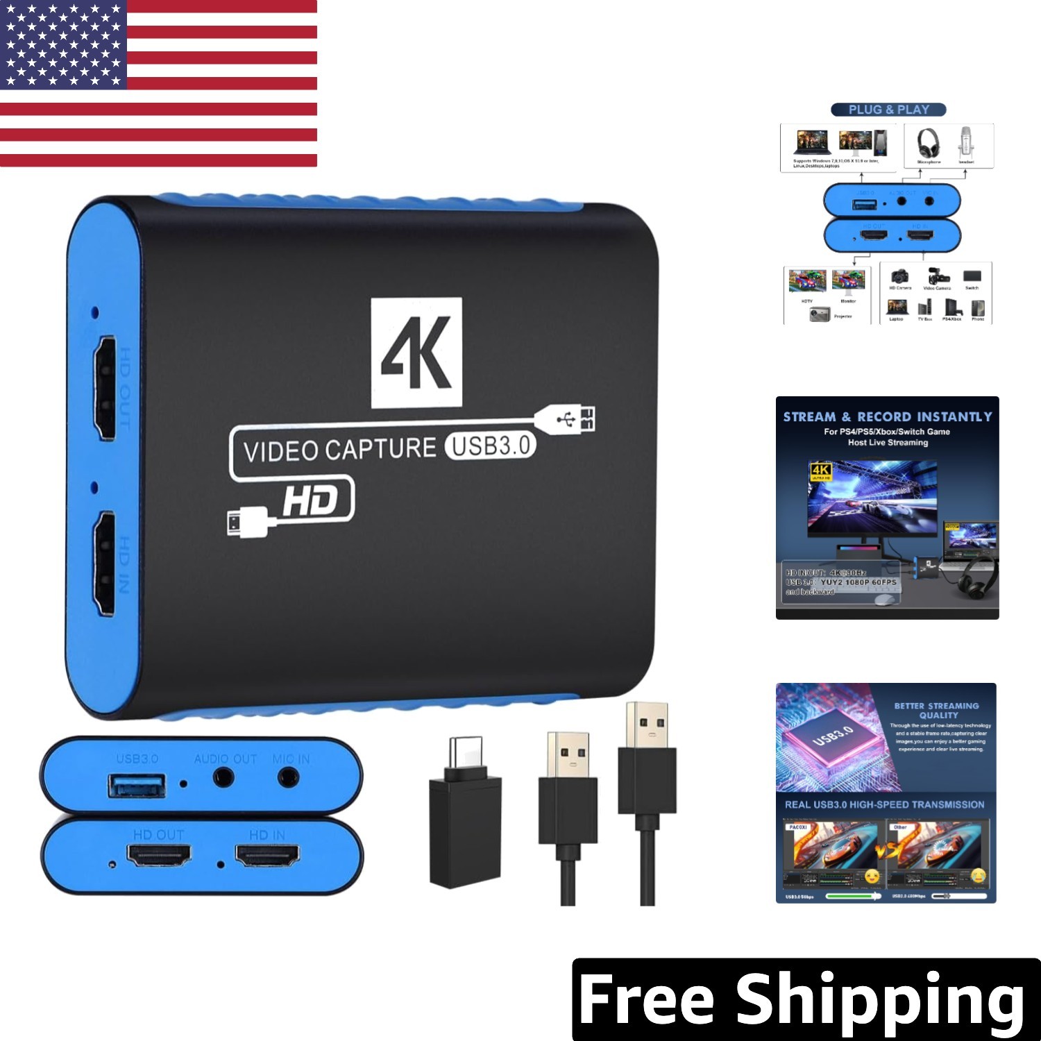 Seamless Streaming Capture Card with Built-In 3.5mm Audio Input – Compact Design