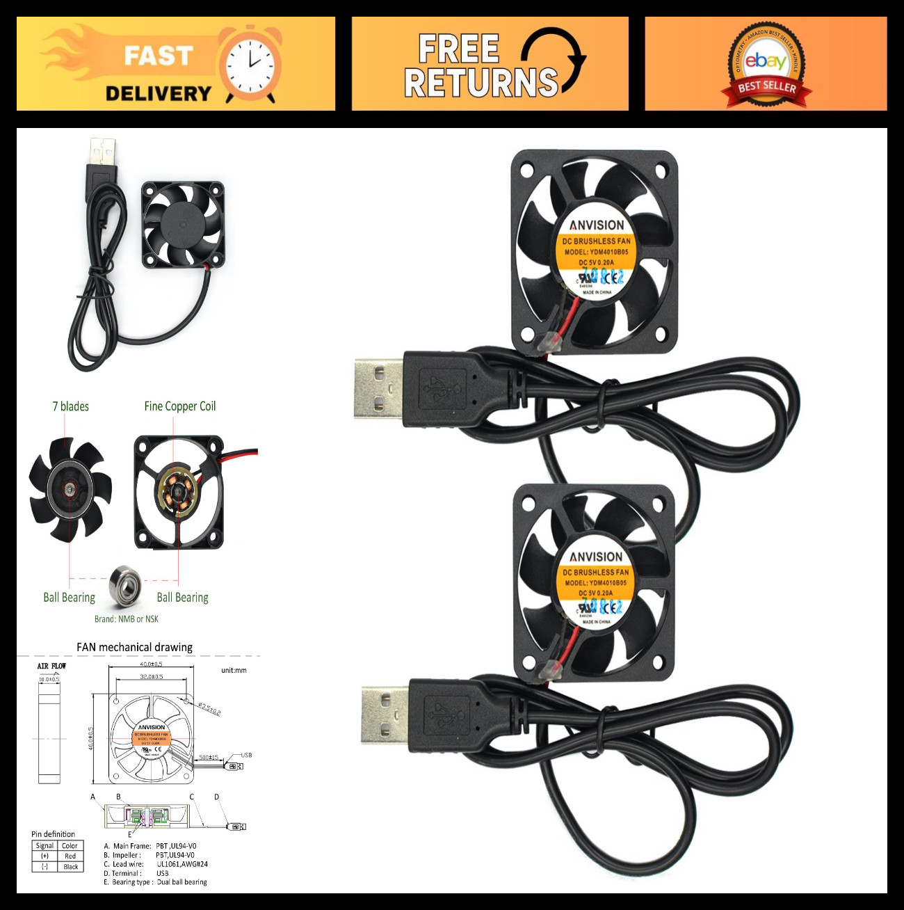 2-Pack 40mm x 10mm USB Brushless Cooling Fans, DC 5V, Dual Ball Bearing, Quiet