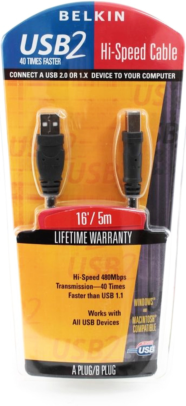 USB 2 High Speed Cable 16' feet M/M A Plug to B Plug PRO Series BELKIN F3U133-16