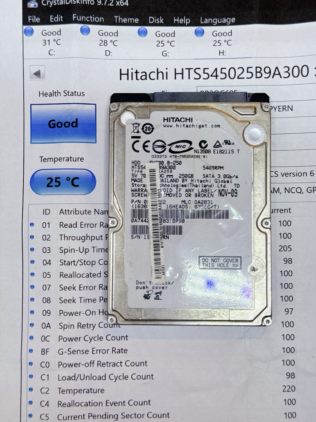 HITACHI 5K500.B-250 SATA 250GB HDD HTS545025B9A300 2.5" Hard Drive