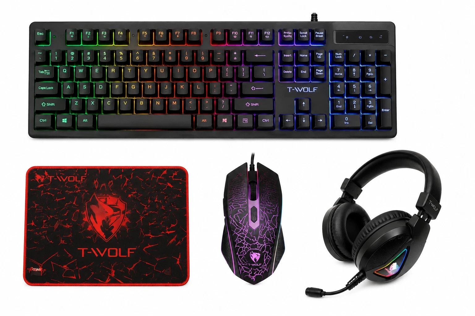 T-WOLF TF400 4-in-1 RGB Gaming Combo Keyboard Mouse Headset Mouse Pad Kit NEW