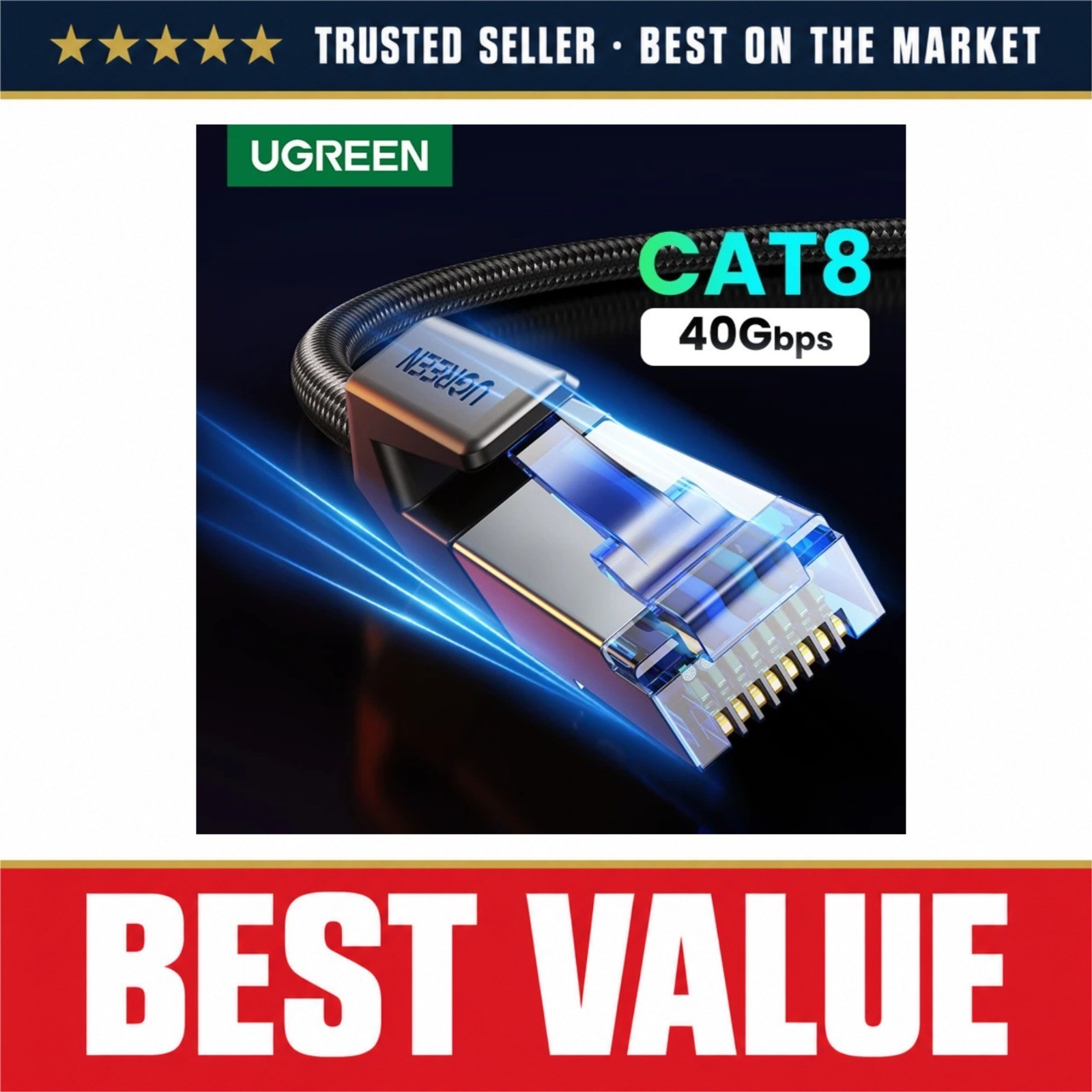 UGREEN Cat 8 Ethernet Cable 40Gbps 2000MHz Braided RJ45 Shielded LAN Cord