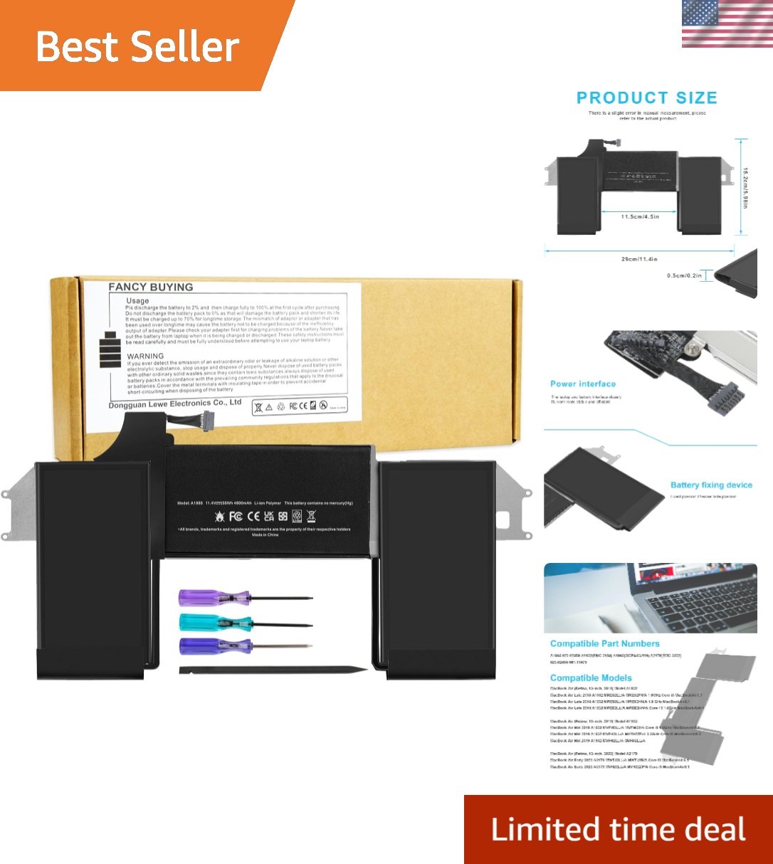 A1965 Lithium Polymer Battery for MacBook Air 13" Retina, Reliable Power