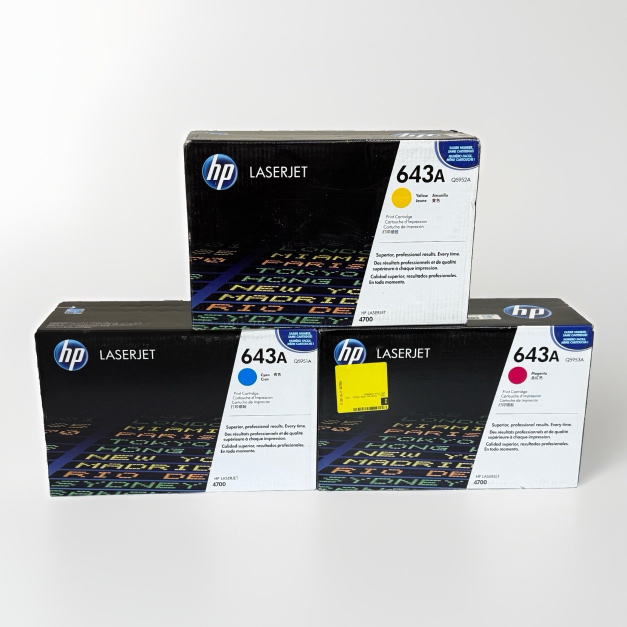Genuine OEM HP 643A Q5951A Q5952A Q5953A CMY Lot of 3 New Toners, 