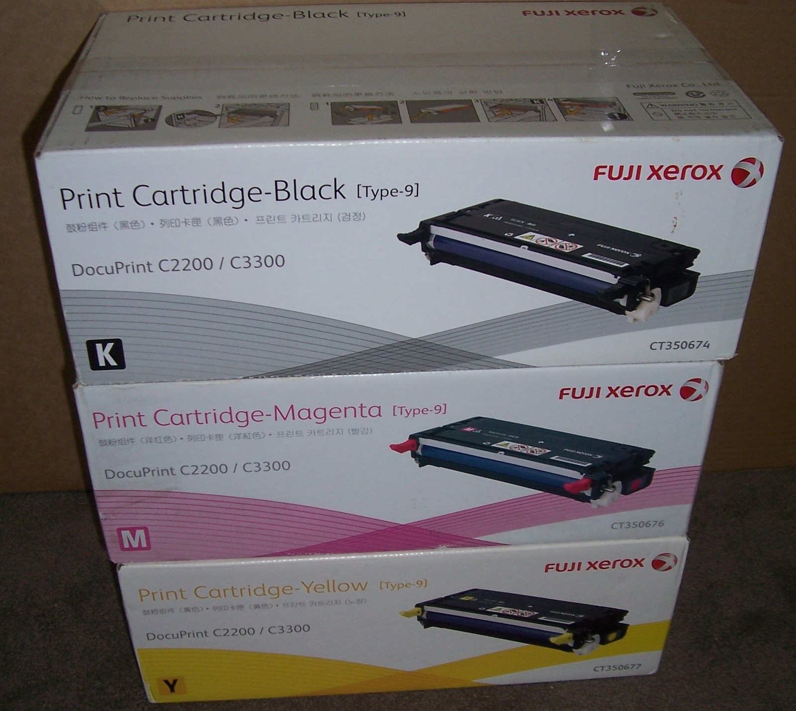 3 x Fuji Xerox genuine [Type-9] CT350674/6/7 toners Blk,Magta,Yellow C2200/C3300