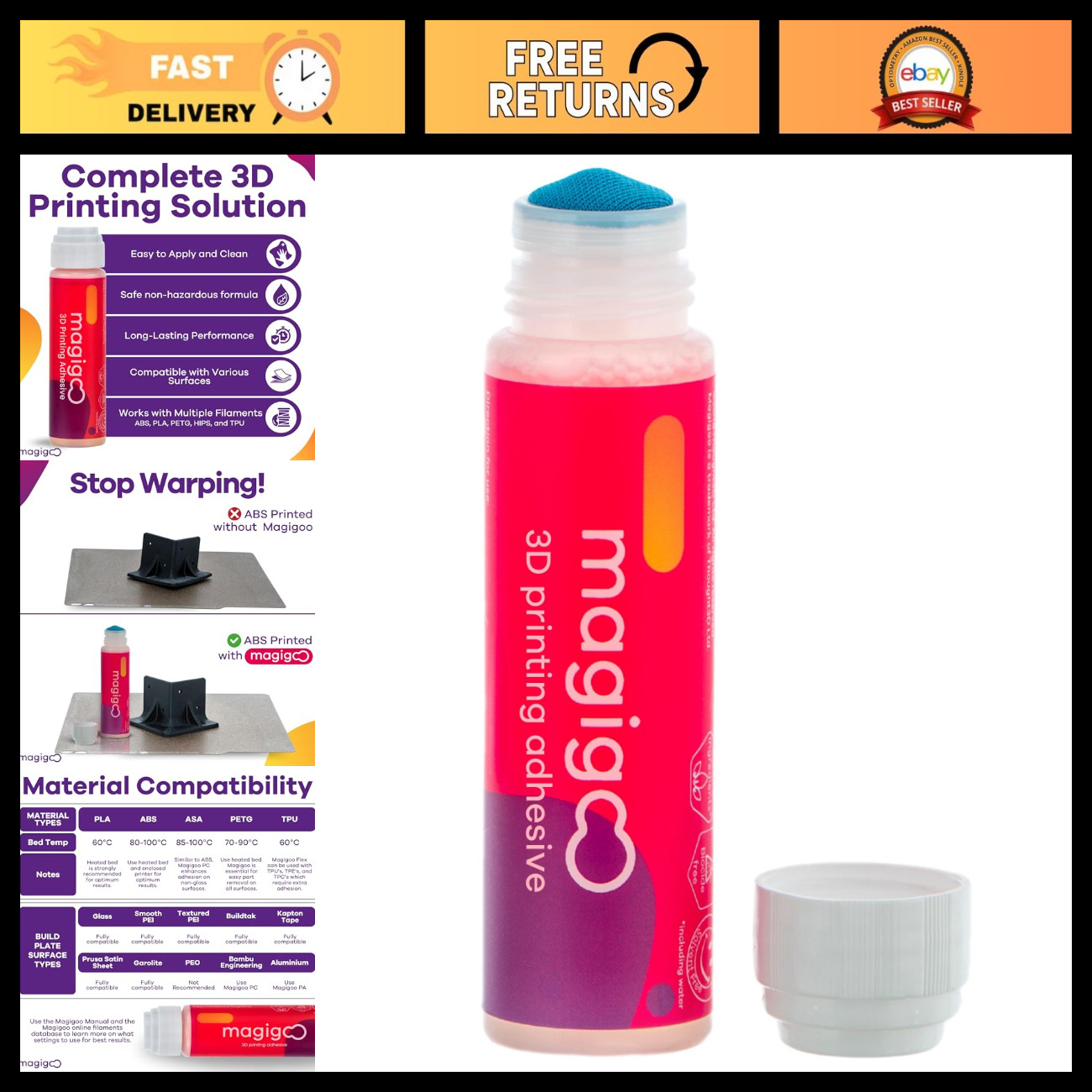 3D Printer Bed Adhesive Glue - All-in-One for ABS, PLA, PETG - 50mL Bottle