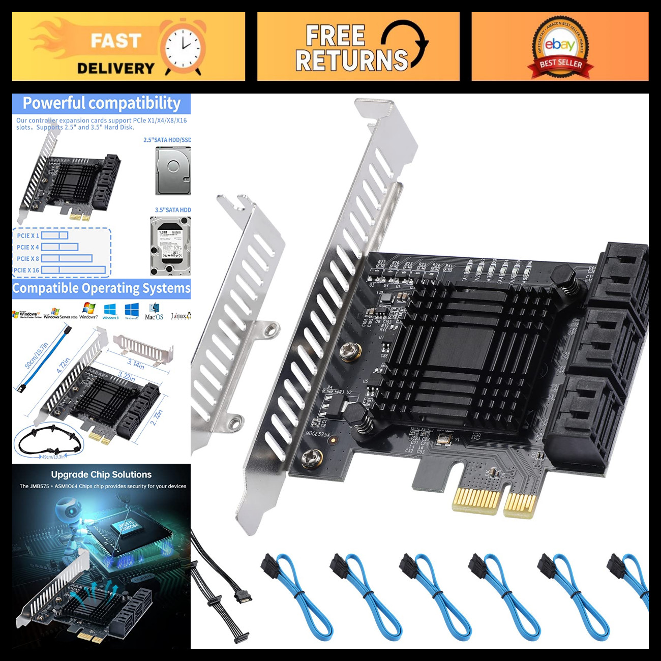 6-Port SATA III 6Gbps PCI-E X1 Expansion Card, SSD/HDD Support for Windows/MAC/L
