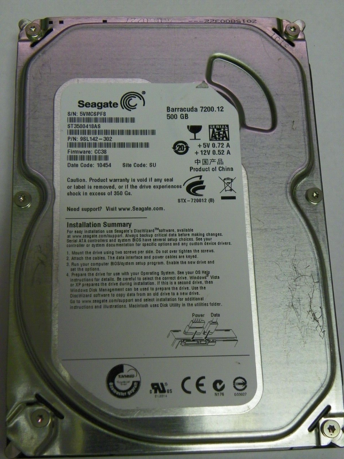 Seagate ST3500418AS P/N:9SL142-302 FW:CC38 500GB 3.5" SATA Hard Drive