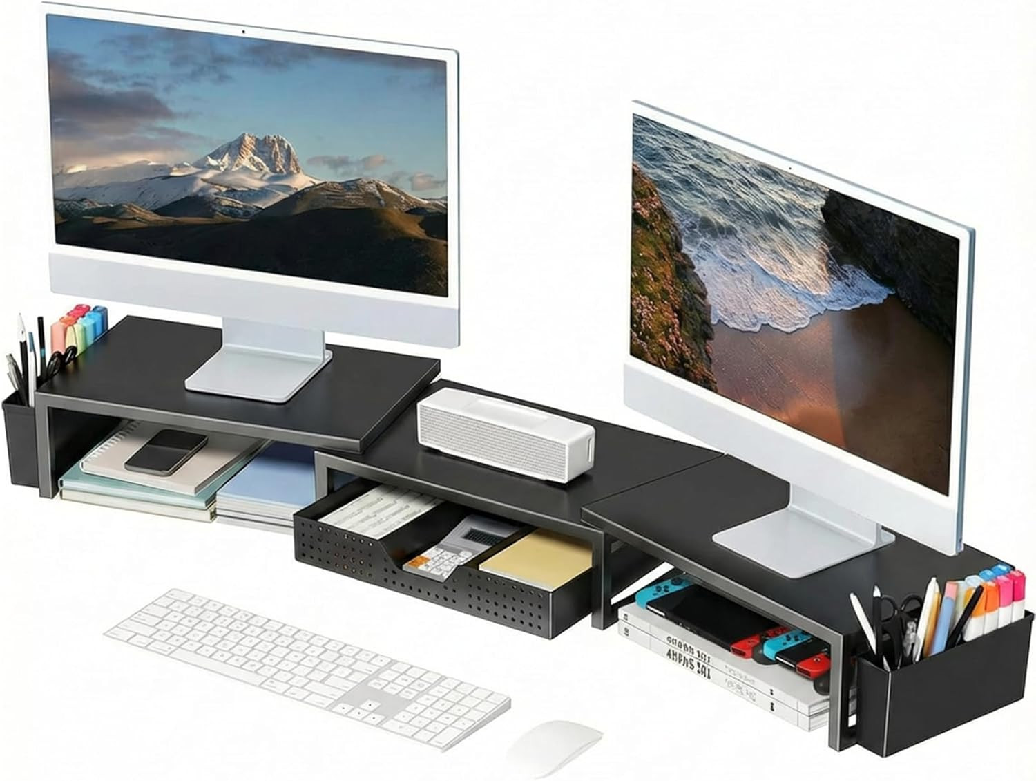 Desk Organizers and Accessories, Dual Monitor Stand Riser with Drawer and 2 Pen