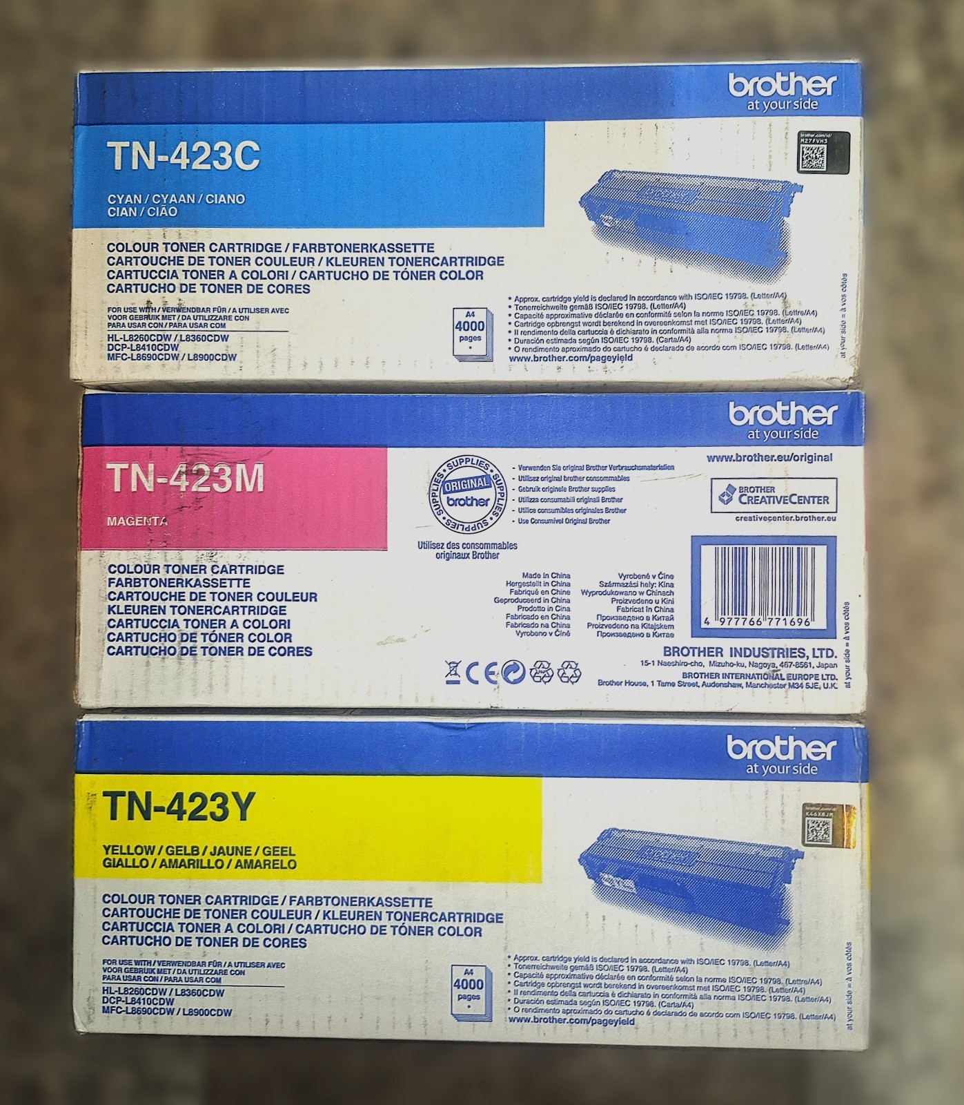 Genuine Set of 3 Brother TN423 CMY Toner Cartridges HL-L8260CDW/L8360CDW