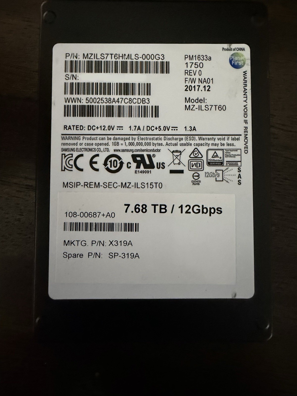 Samsung PM1633a 7.68TB 12Gb/s SAS 2.5” SSD MZ-ILS7T60 NetApp 108-00687+A0 Tested