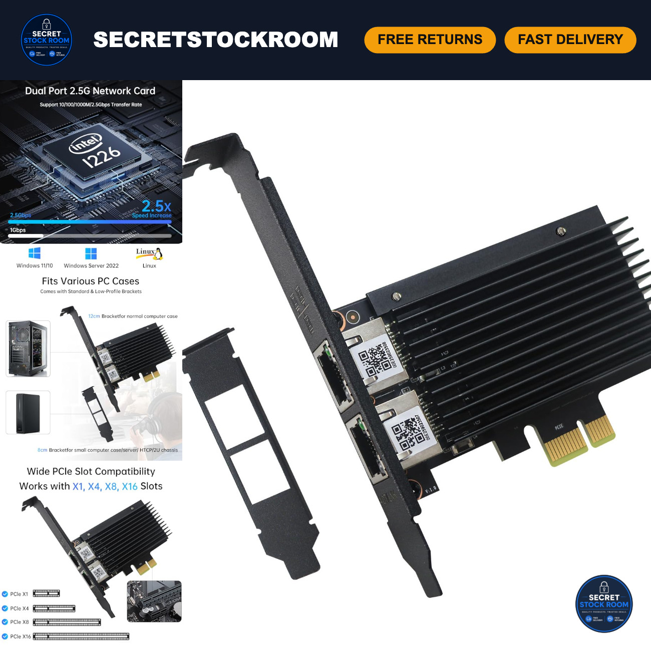 Dual Port 2.5G Network Card PCIe Ethernet Adapter NIC RJ45 for Windows 10/11