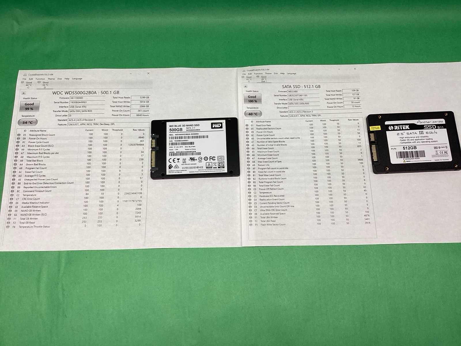 x2 512GB 500GB Western Digital + Ritek 2.5” SSD - GOOD HEALTH - LOT OF 2