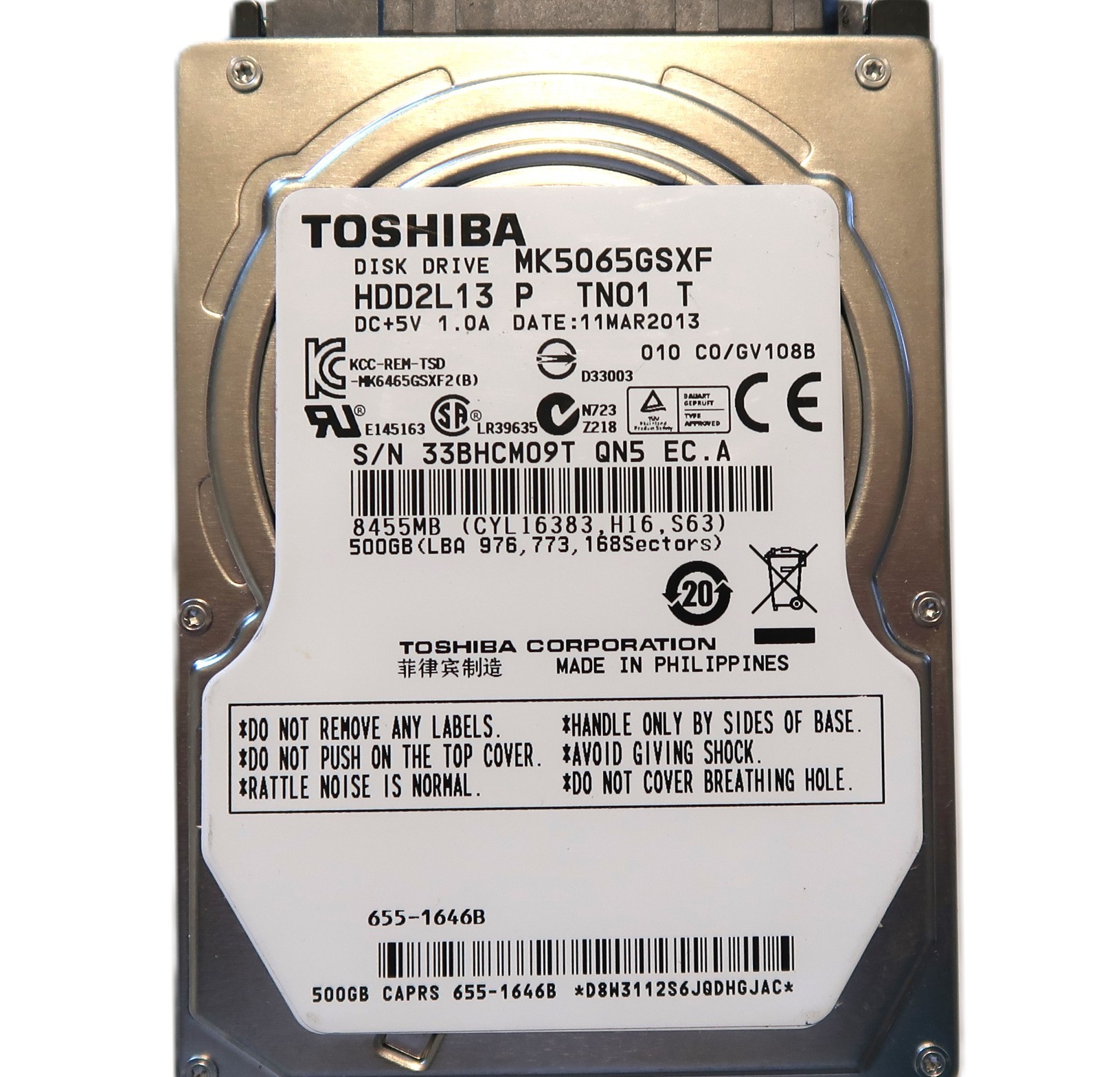 Toshiba MK5065GSXF HDD2L13 P TN01 T Philippines 010 C0/GV108B 2.5" 500gb MAR2013