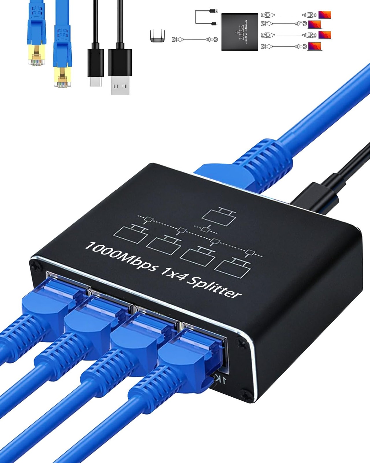 Ethernet Splitter 1 to 4, 1000Mbps High Speed Ethernet Cable Splitter with LAN C