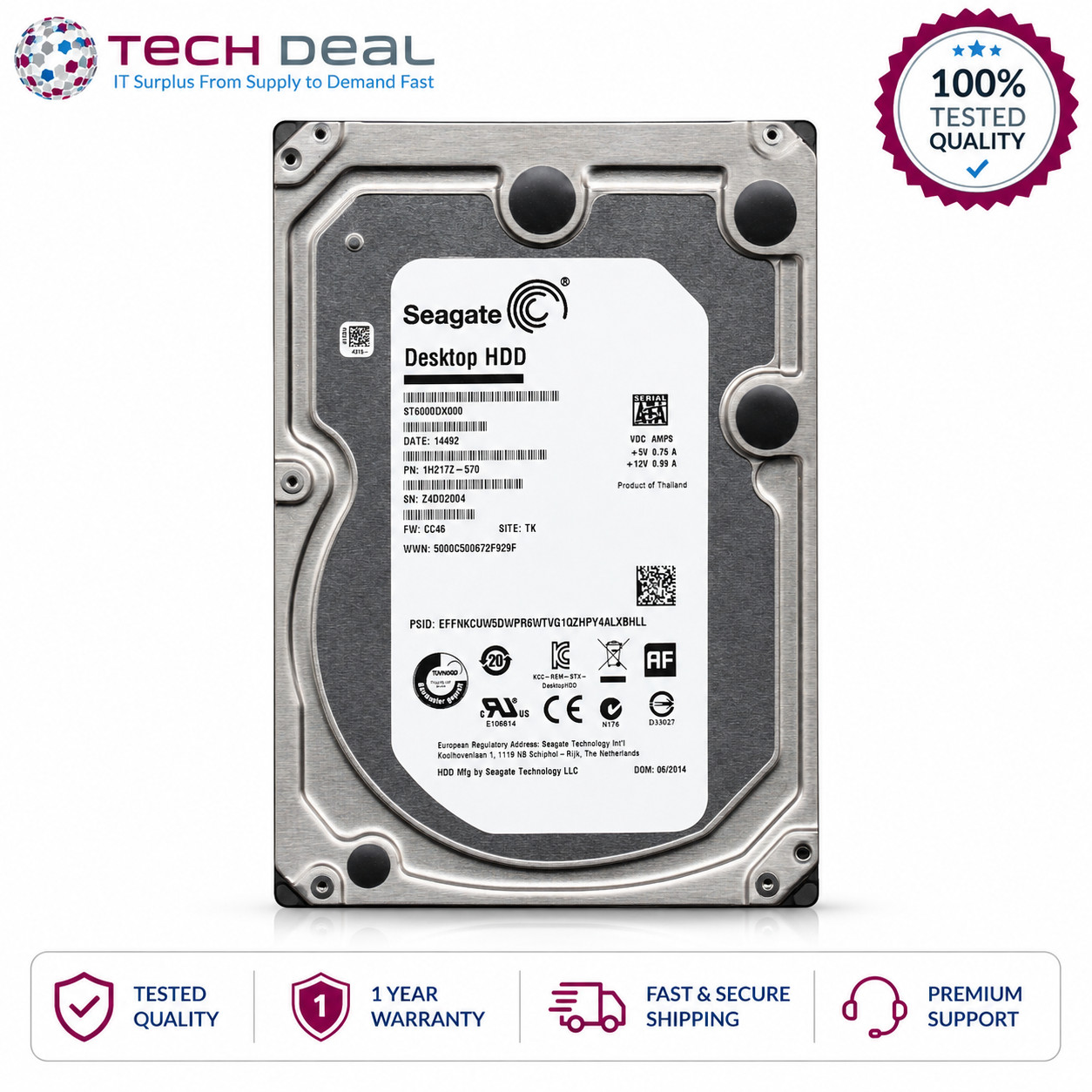 Seagate Desktop HDD 6TB 3.5" SATA 6Gb/s Hard Drive ST6000DX000 7200RPM