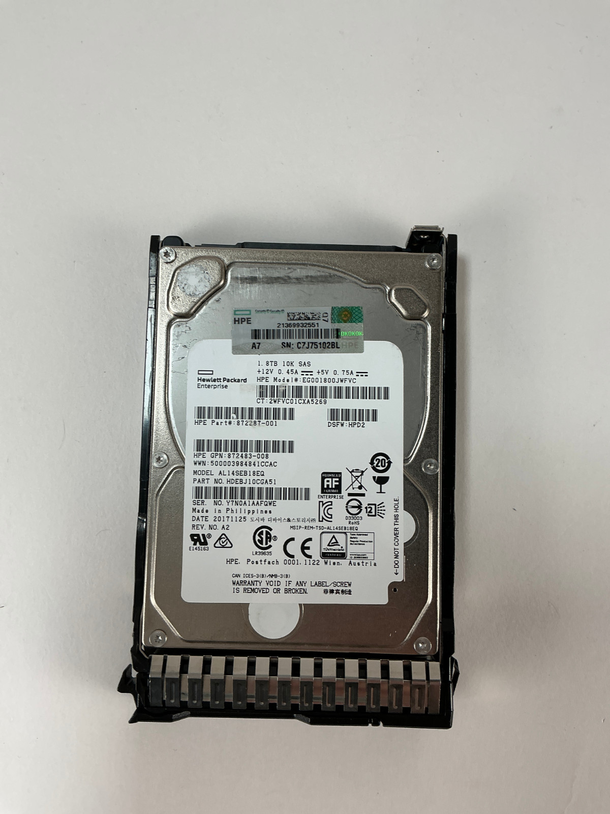 872738-001 HPE 1.8TB SAS 12G 10K SFF SC 512e DS HDD 872481-B21