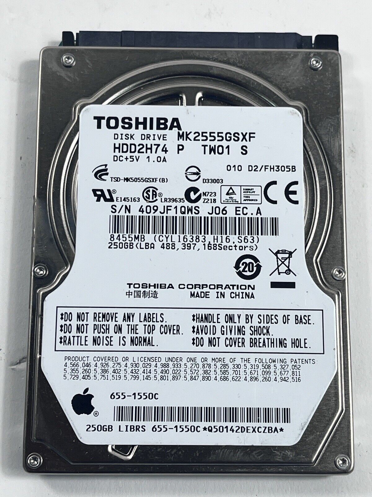 Toshiba MK2555GSXF (HDD2H74 X TW01 T) 010 D3/FH405B Apple#655-1550D 250gb Sata