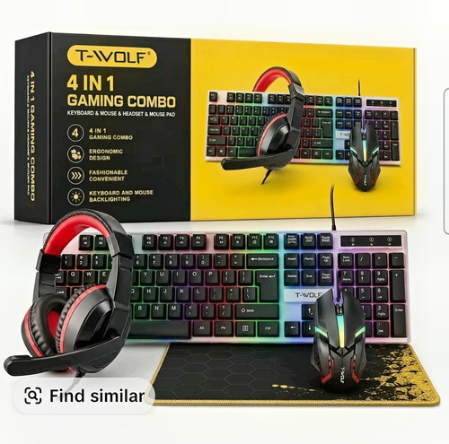 T-WOLF TF-240 Wired Backlit Gaming Combo: Keyboard Mouse Headset Pad 2400DPI
