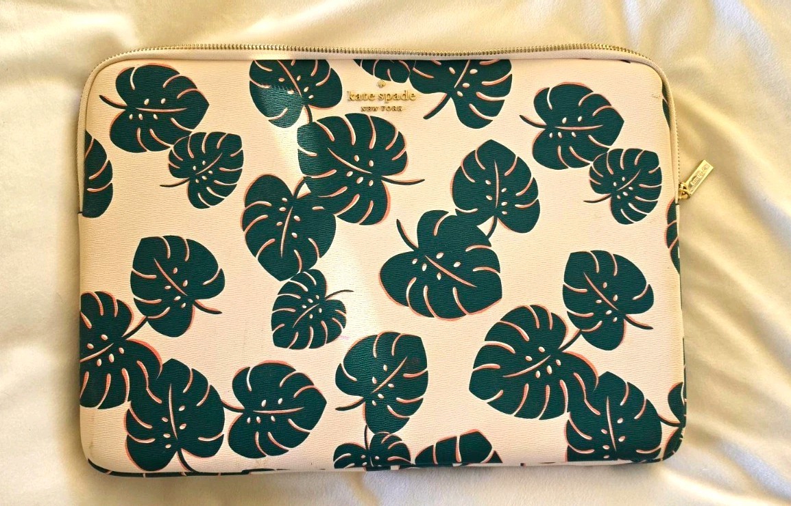 Kate Spade New York Laptop Sleeve Case Monstera Leaf Pink Green Gold Zip 15 In