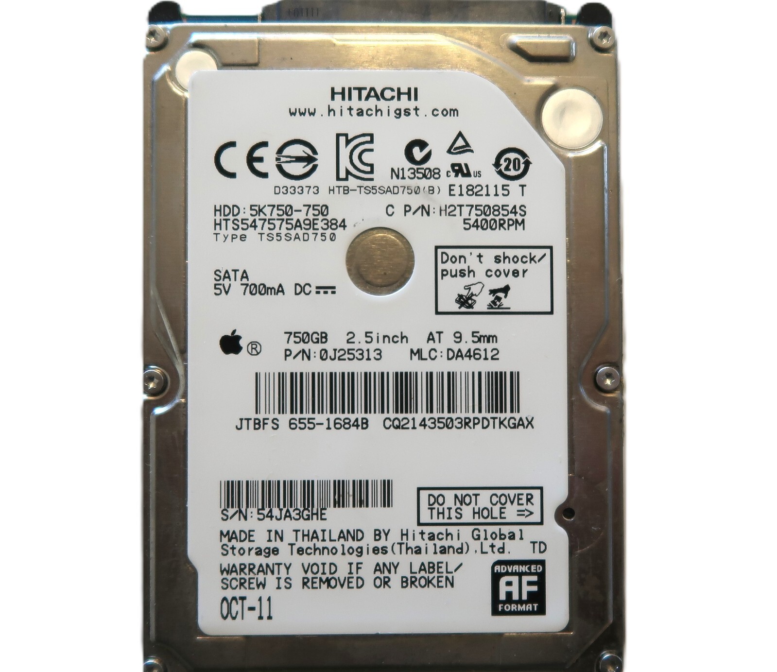 Hitachi HTS547575A9E384 0J25313 DA4612 (54J) Thailand 2.5" 750gb Sata OCT-11
