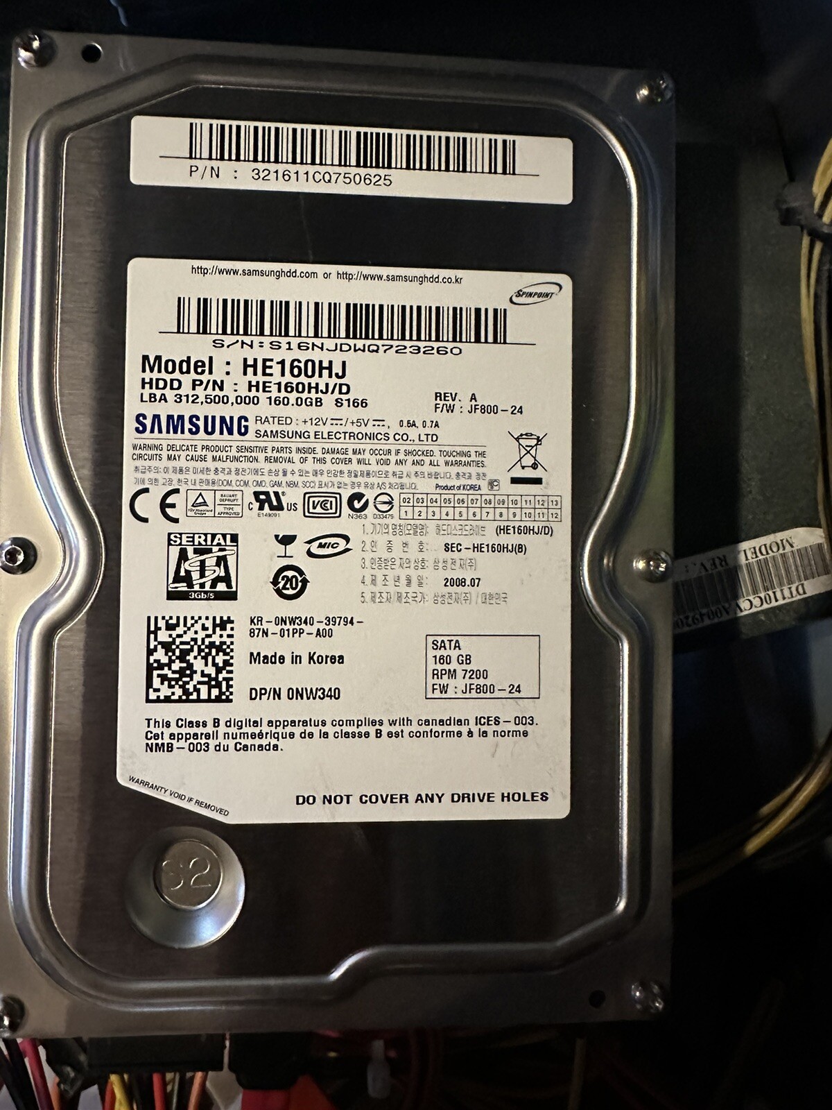 Samsung 160GB Internal 7200RPM 3.5" (HE160HJ)
