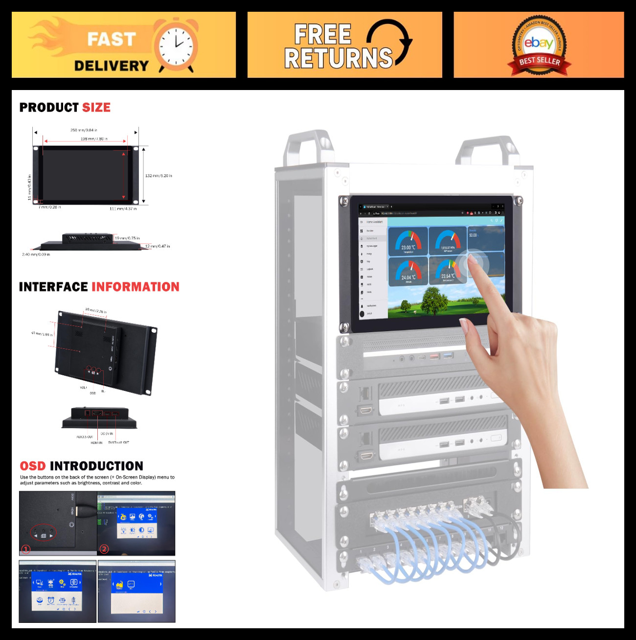 9" 1280x720 LCD Touch Screen Monitor for 3U Rack Mount, Server Cabinet, Mini Rac