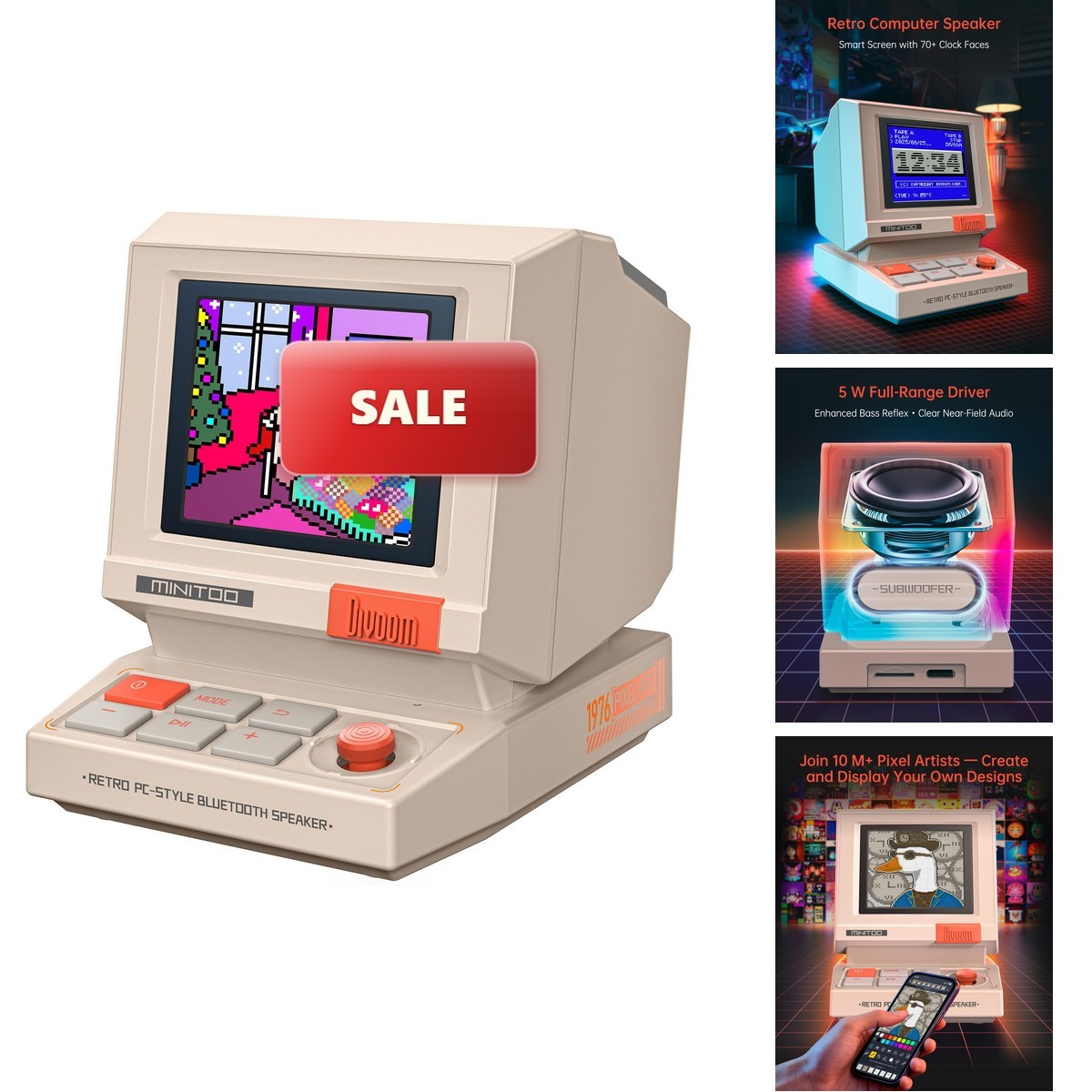 Divoom MiniToo Retro PC-Style Computer Speaker, Pixel Screen with DIY Faces