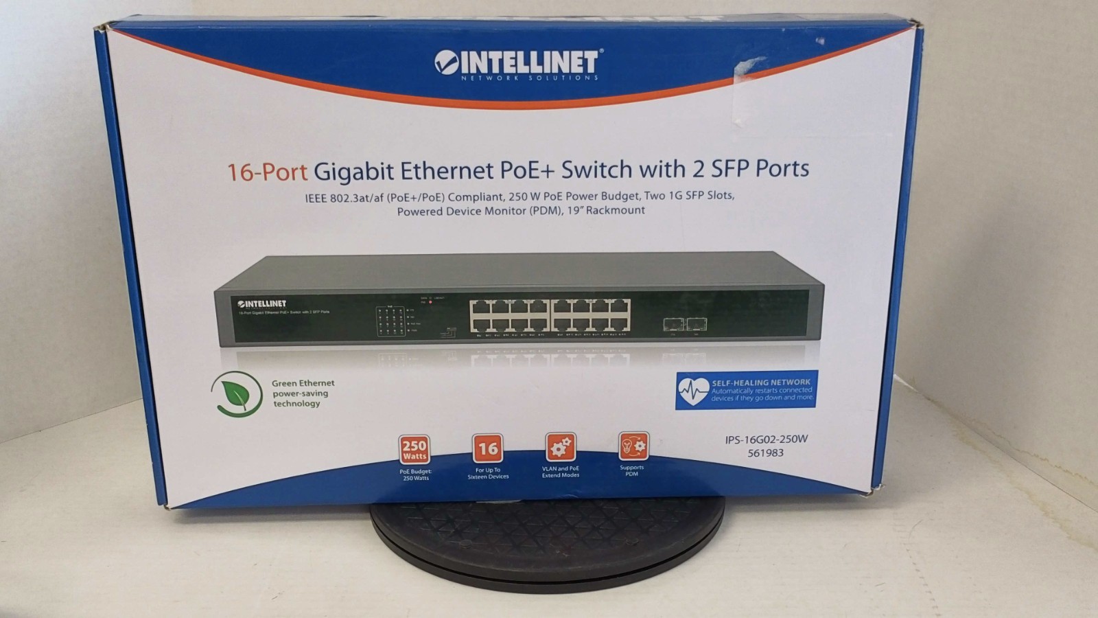 Intellinet IPS-16G02-250W 561983 16-Port Gigabit Ethernet PoE+ Switch w/2 SFP