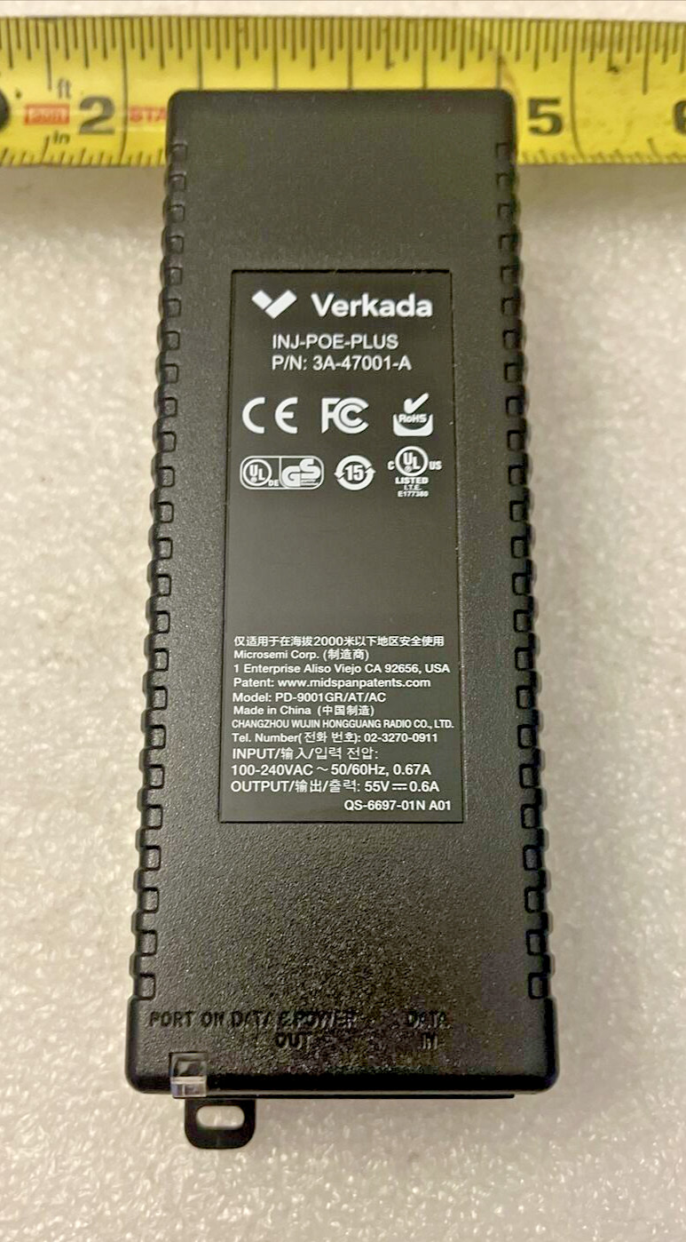 VERKADA Port Power Over Ethernet INJ-POE-PLUS 3A-47001-A 55V 0.6A QS-6697-01N