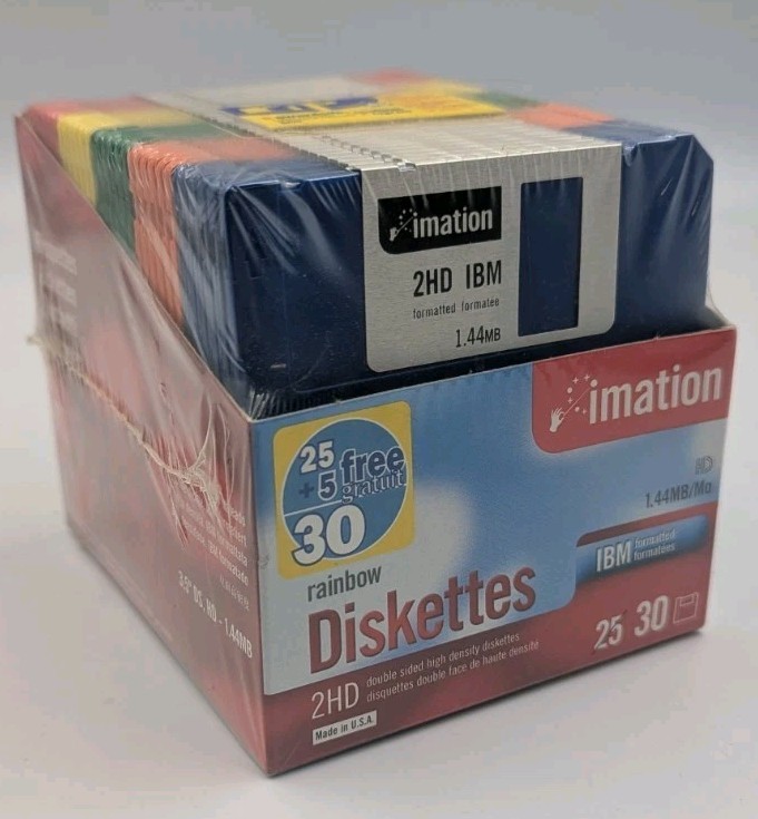 Imation 2HD IBM Formatted 25 + 5 Free (Total 30) Colored Diskettes 1.44 MB NIB