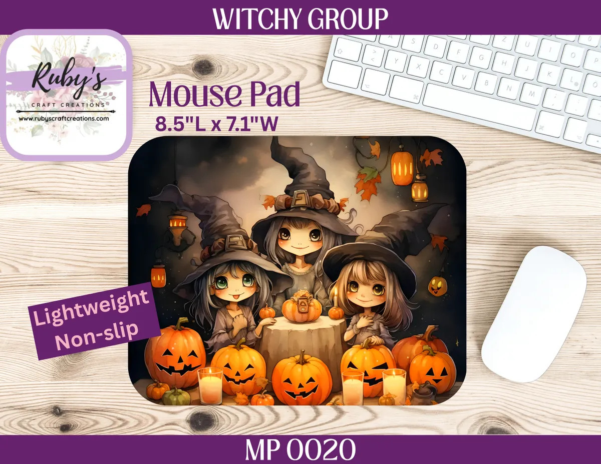 Witchy Group Mouse Pad Cute Halloween Witch Art Pumpkin Fall Desk Decor Gift