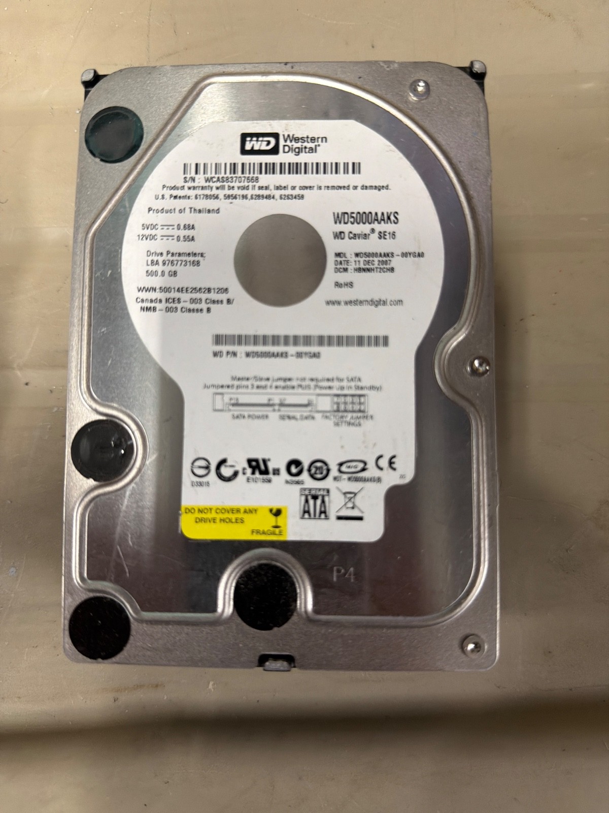 Western Digital 500GB Internal 7200RPM 3.5" (WD5000AAKS-75A7B0) HDD