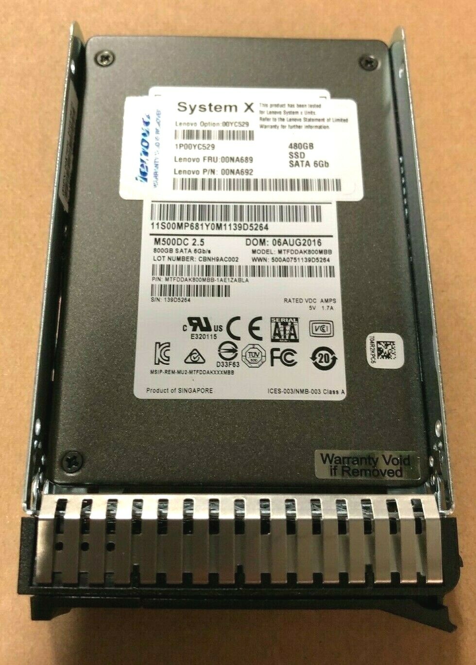 IBM 00YC529 480GB 2.5" 6GBPS SSD HDD 00NA689 00NA692 Solid State HDD With Tray