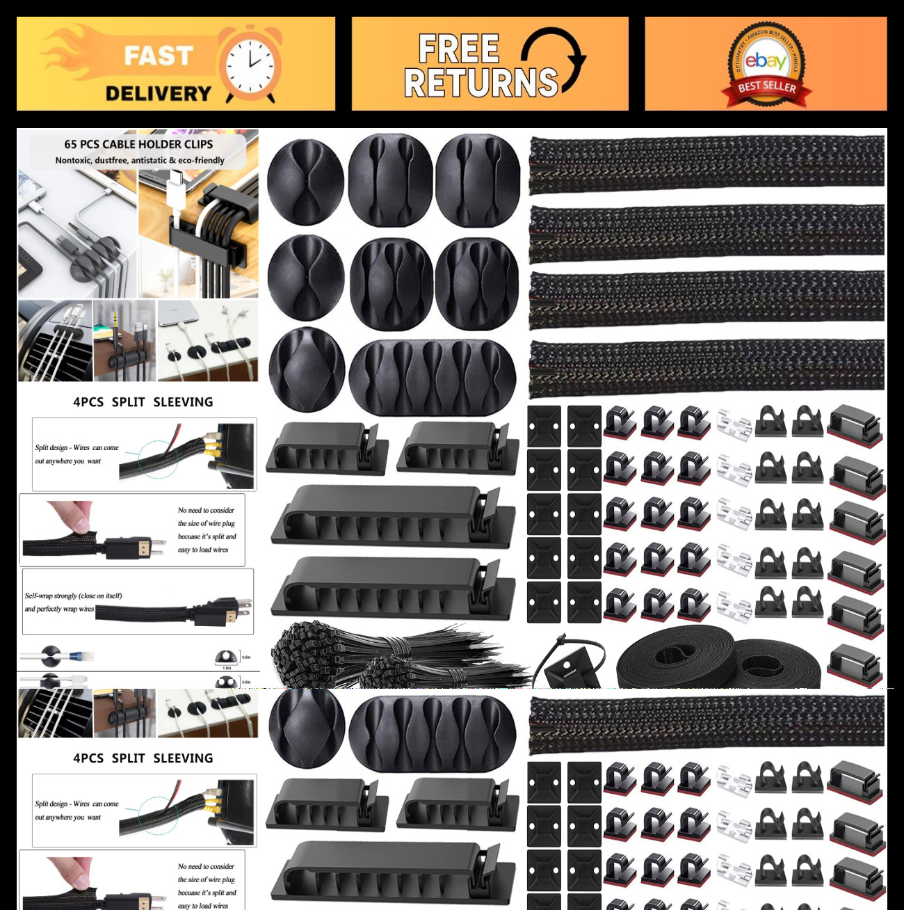 311Pcs Cable Management Organizer Kit - Sleeves, Clips, Ties & Wall Holders for