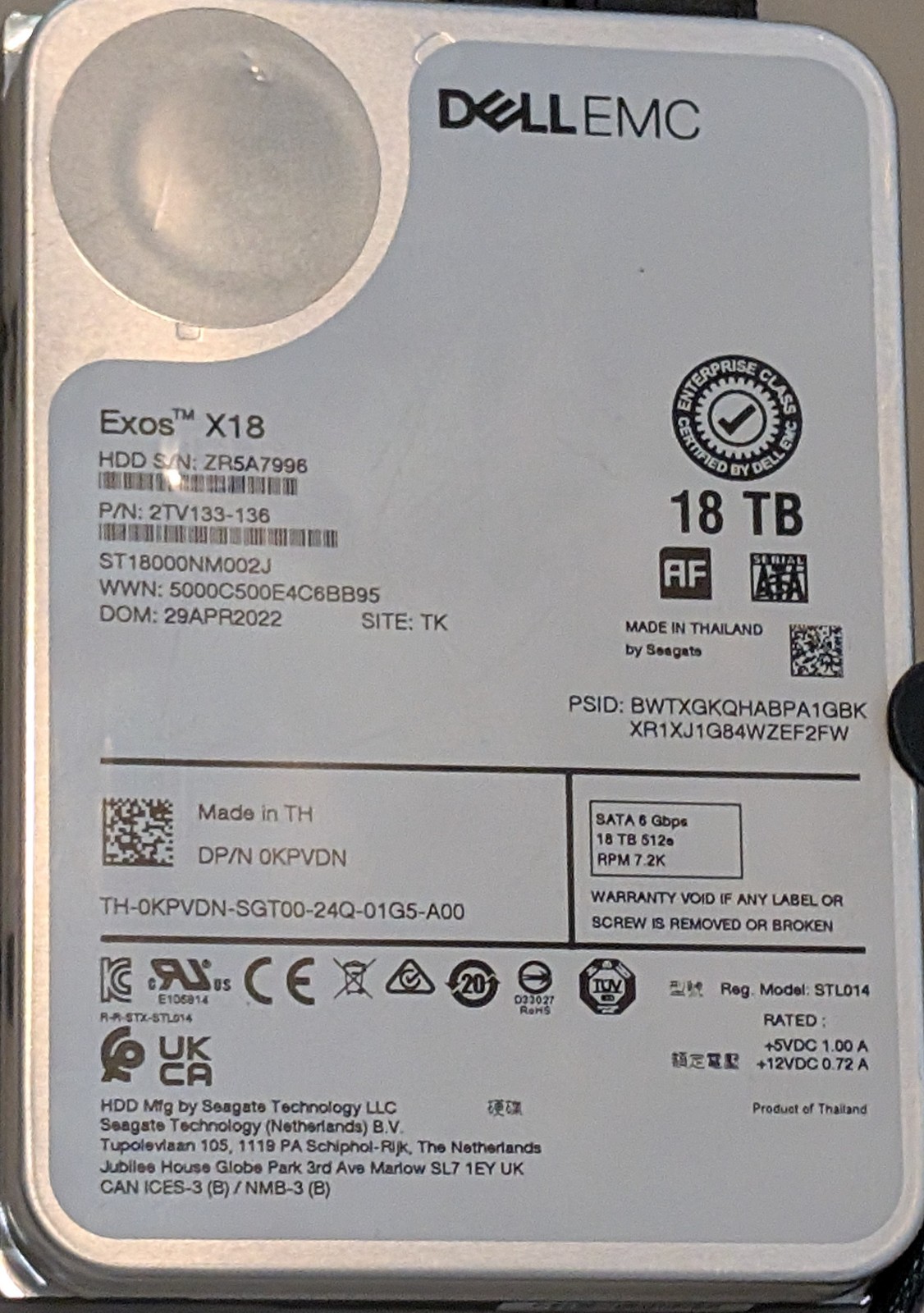 Dell EMC Seagate Exos X18 18TB ST18000NM002J-2TV133 7.2K RPM Enterprise HDD