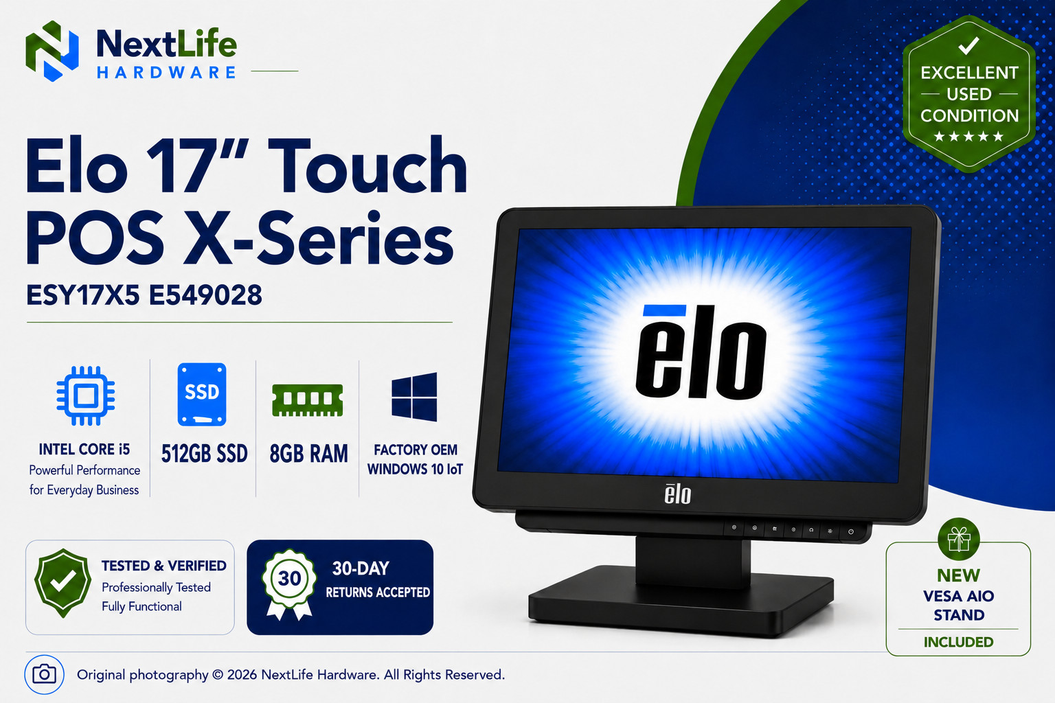 Elo 17" Touch POS X-Series ESY17X5 E549028 i5-6500TE 8GB 512GB SSD Win10 IoT AIO