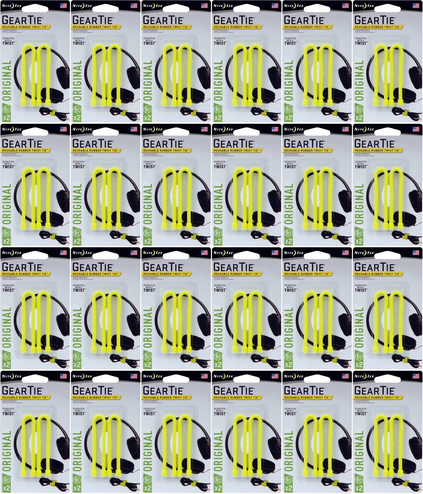Nite Ize 2-Pack Gear Tie Reusable Rubber Twist Tie, 6" - Neon Yellow (24-Pack)
