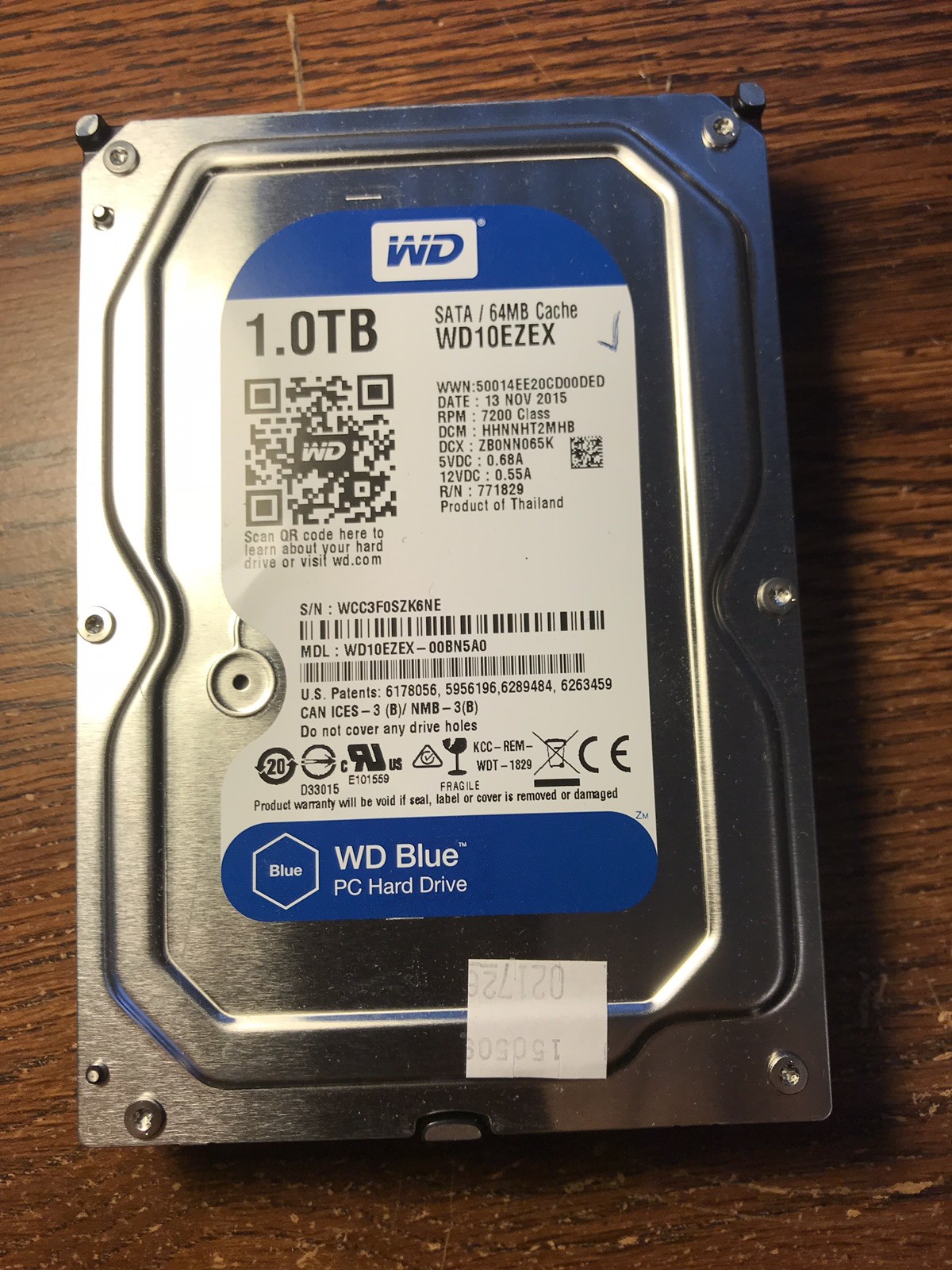 Western Digital SATA Hard Drive, 1.0TB  WD10EZEX, 3.5”, Used