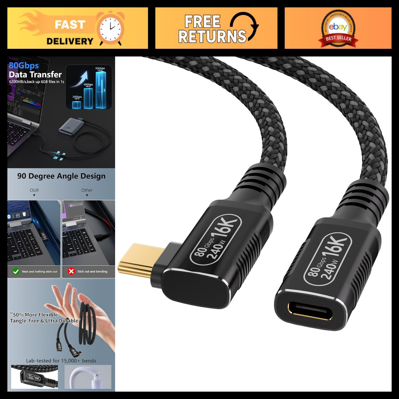 80Gbps USB C Extension Cable 1.65ft, Right Angle, 240W Charging, 16K Video, Male