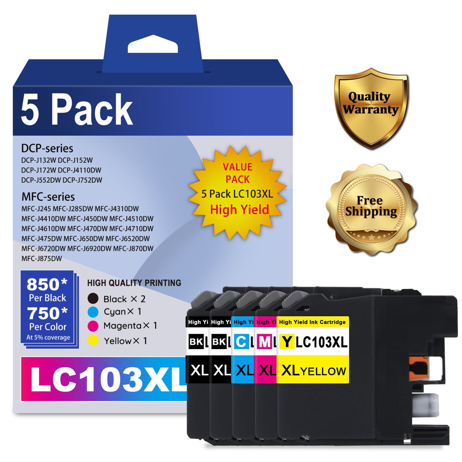 LC103XL 5PK 4 Color 2 Black Ink DCP-J152W MFC-J285DW MFC-J450DW MFC-J470DW 650DW